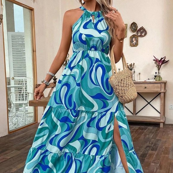 Blue Boho Womens Allover Print Split Thigh Ruffle Hem Halter Dress - Picture 5 of 5